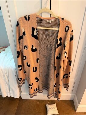 Andree Peach Leopard-Print Open Cardigan with Black and Cream Spots